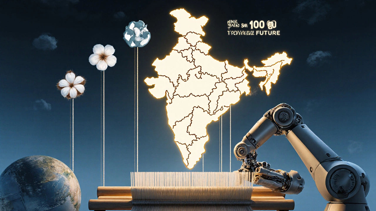 Conceptual map of India with textile exports flowing to global markets, blending tradition and technology.