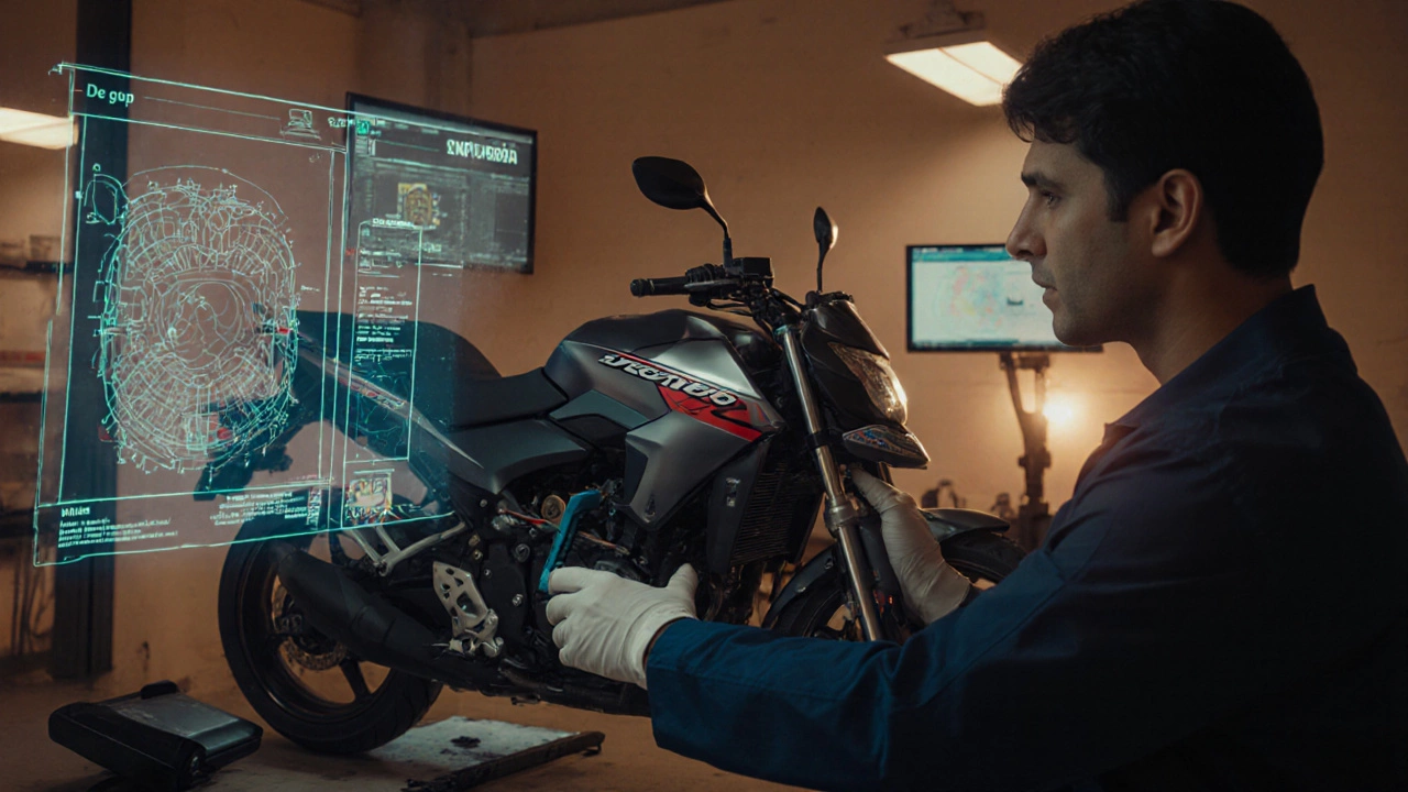 Engineer calibrating a Honda 125cc engine with digital tools in a high-tech lab, highlighting local innovation.