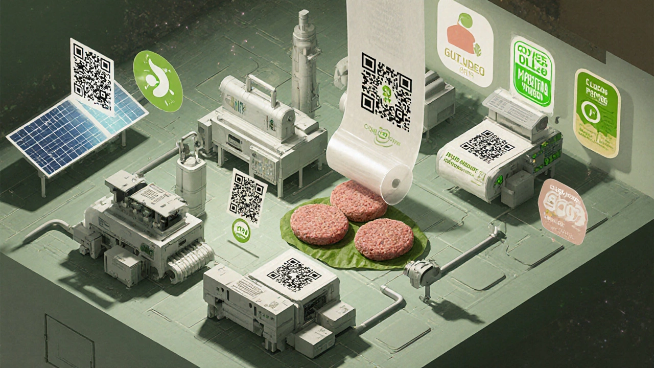 Futuristic food processing facility with solar-powered machines and compostable packaging, QR codes floating nearby.