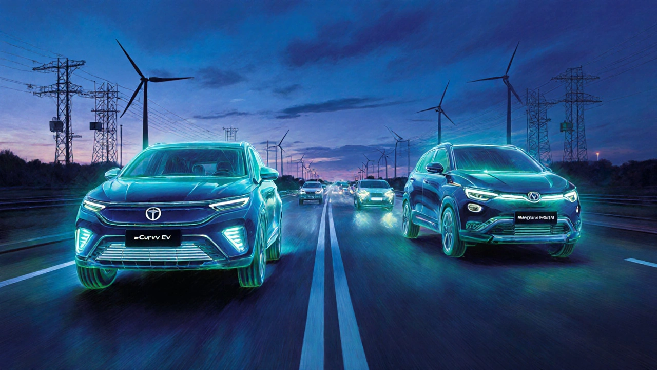 Futuristic Indian EVs gliding on a highway at twilight alongside American electric cars.