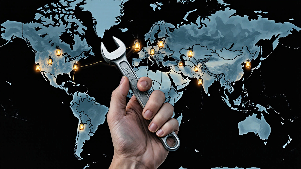 Hand holding a custom tool beside glowing small workshops connected to a globe with broken supply chains.