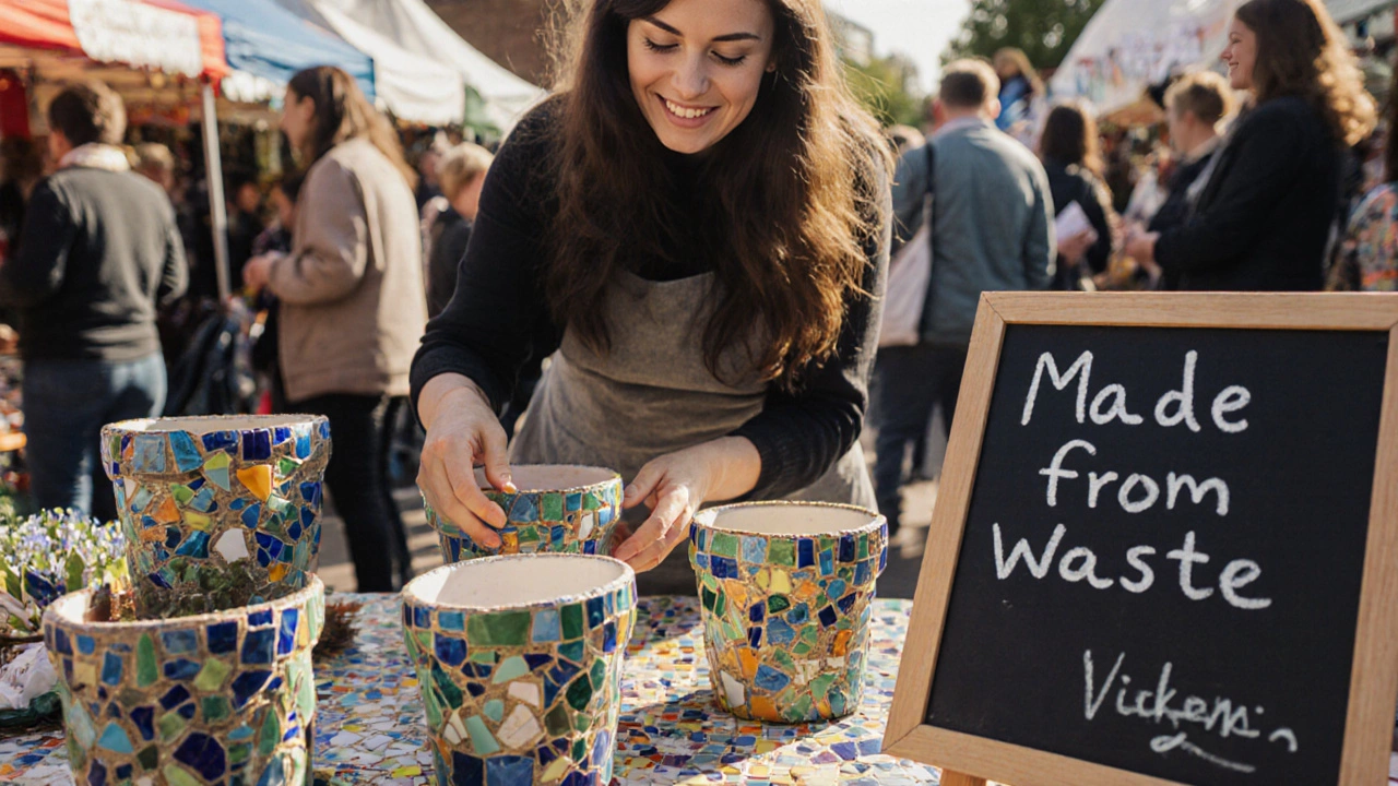 Handmade planters made from recycled ceramic shards displayed at a local craft fair.