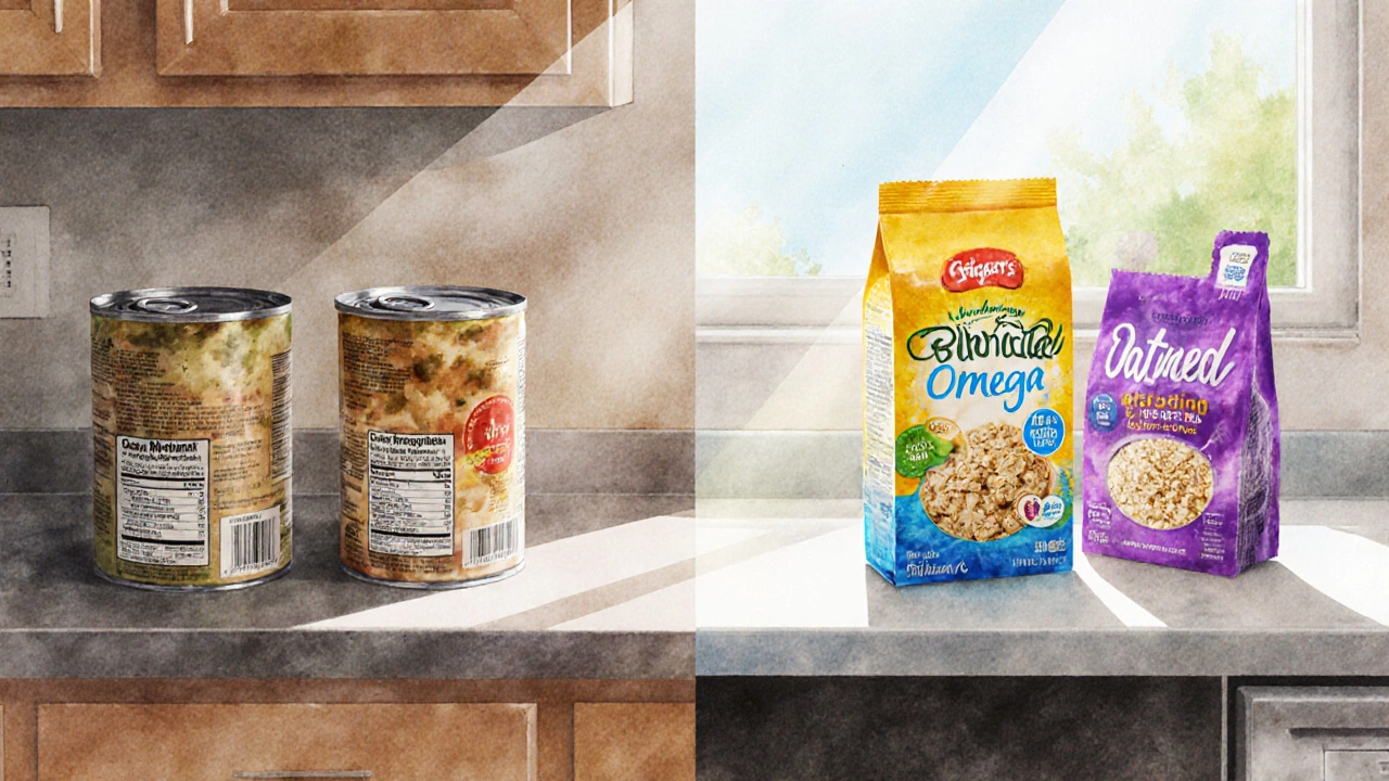 Kitchen counter comparing outdated canned soup with modern probiotic snacks and oatmeal packs.