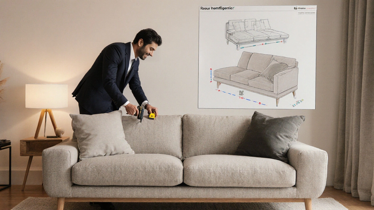 Luxury custom sofa with oak frame and linen upholstery, designer taking measurements in a modern home.