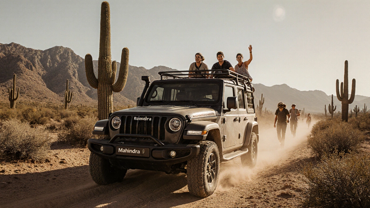 Mahindra Roxor off-road vehicle driving on a desert trail with outdoor enthusiasts behind it.
