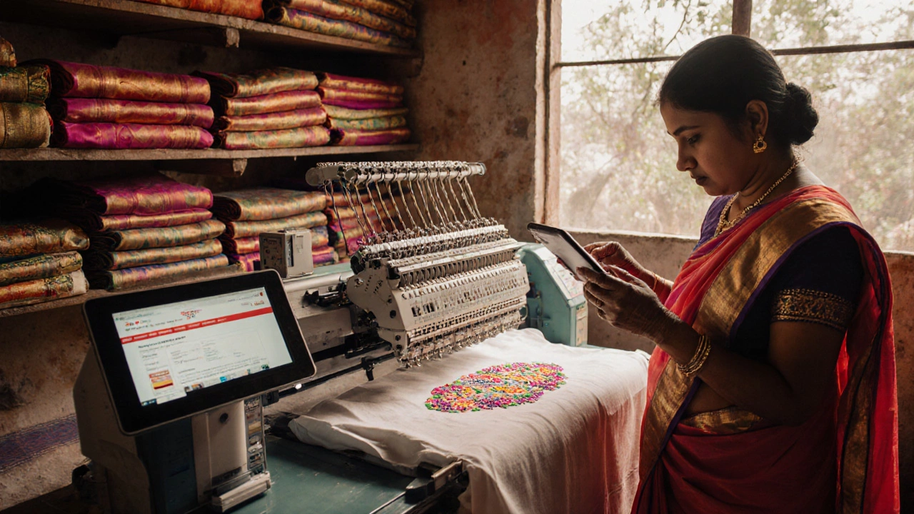 Small textile workshop using digital embroidery machine to create exported sarees with natural lighting.