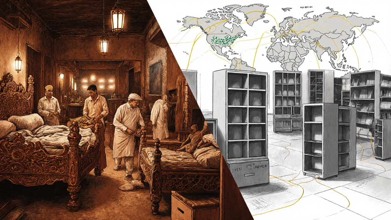 Split scene: Indian artisans carving wood beside an automated IKEA factory line.