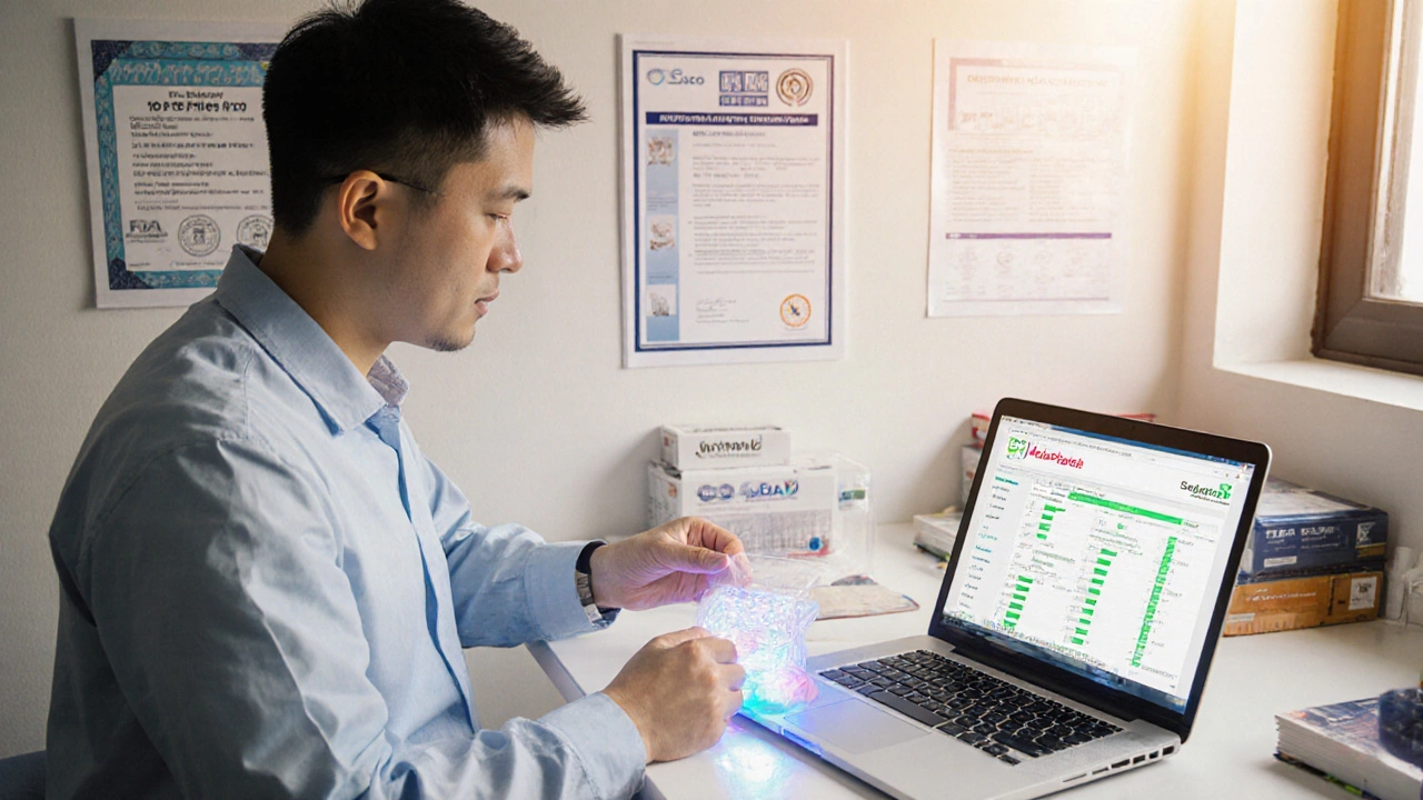Startup technician testing bioplastic samples with certifications on the wall