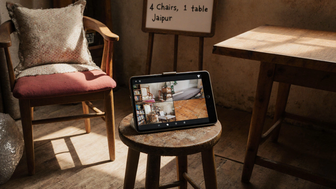 Three handcrafted wooden furniture pieces photographed in natural light with packaging supplies nearby.