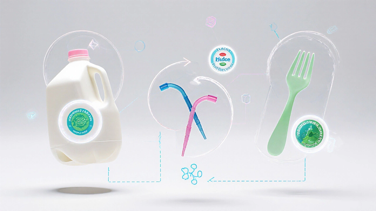 Three plastic products with glowing labels pointing to their top manufacturers