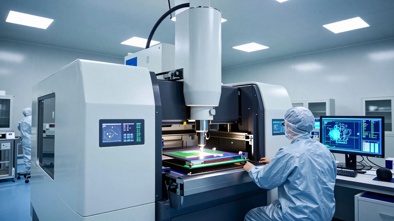 A high-tech cleanroom in Taiwan with advanced machines etching microchips on silicon wafers under blue lighting.