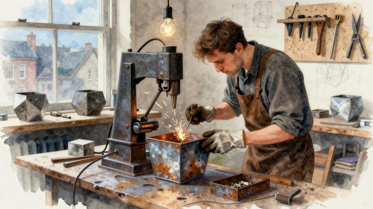 An artisan welding a metal planter in a small workshop with sparks flying under a single bulb.