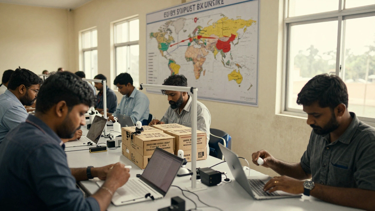 An Indian electronics assembly plant with workers building AirPods while imported components arrive in crates from abroad.