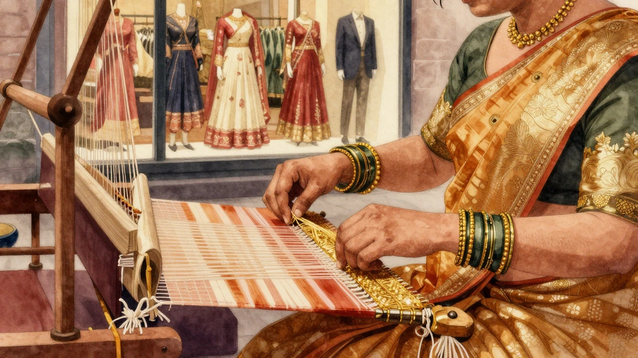Artisan&#039;s hands weaving a golden-threaded Banarasi silk saree on a traditional loom.