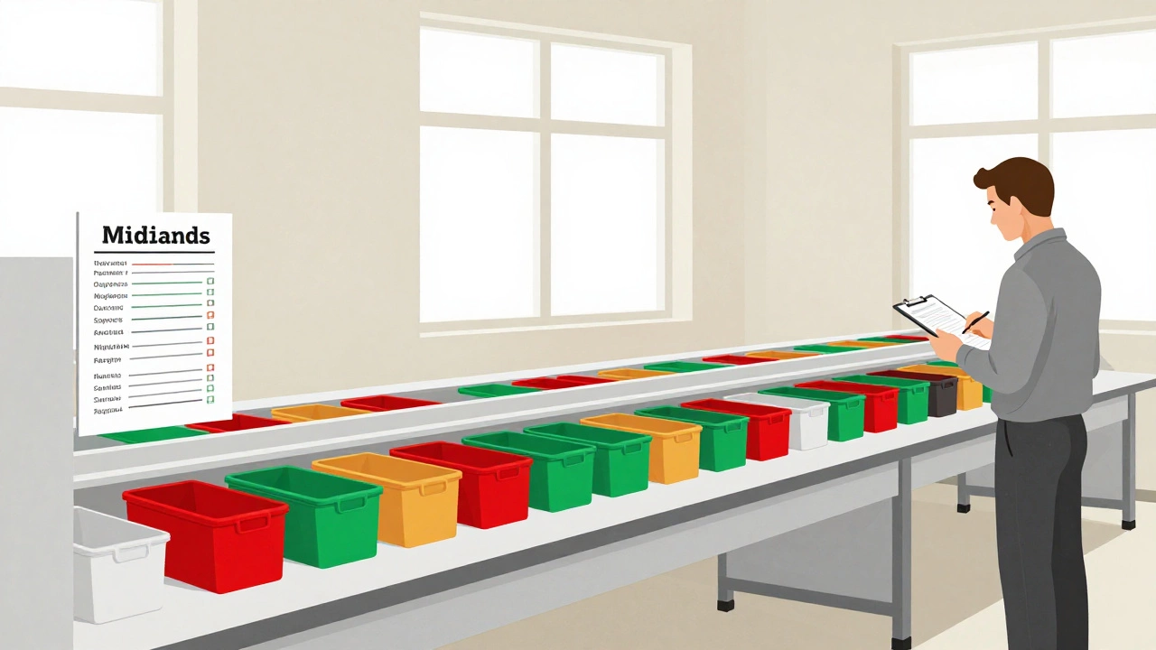 Color-coded bins and posted work instructions in a clean, efficient manufacturing workshop.