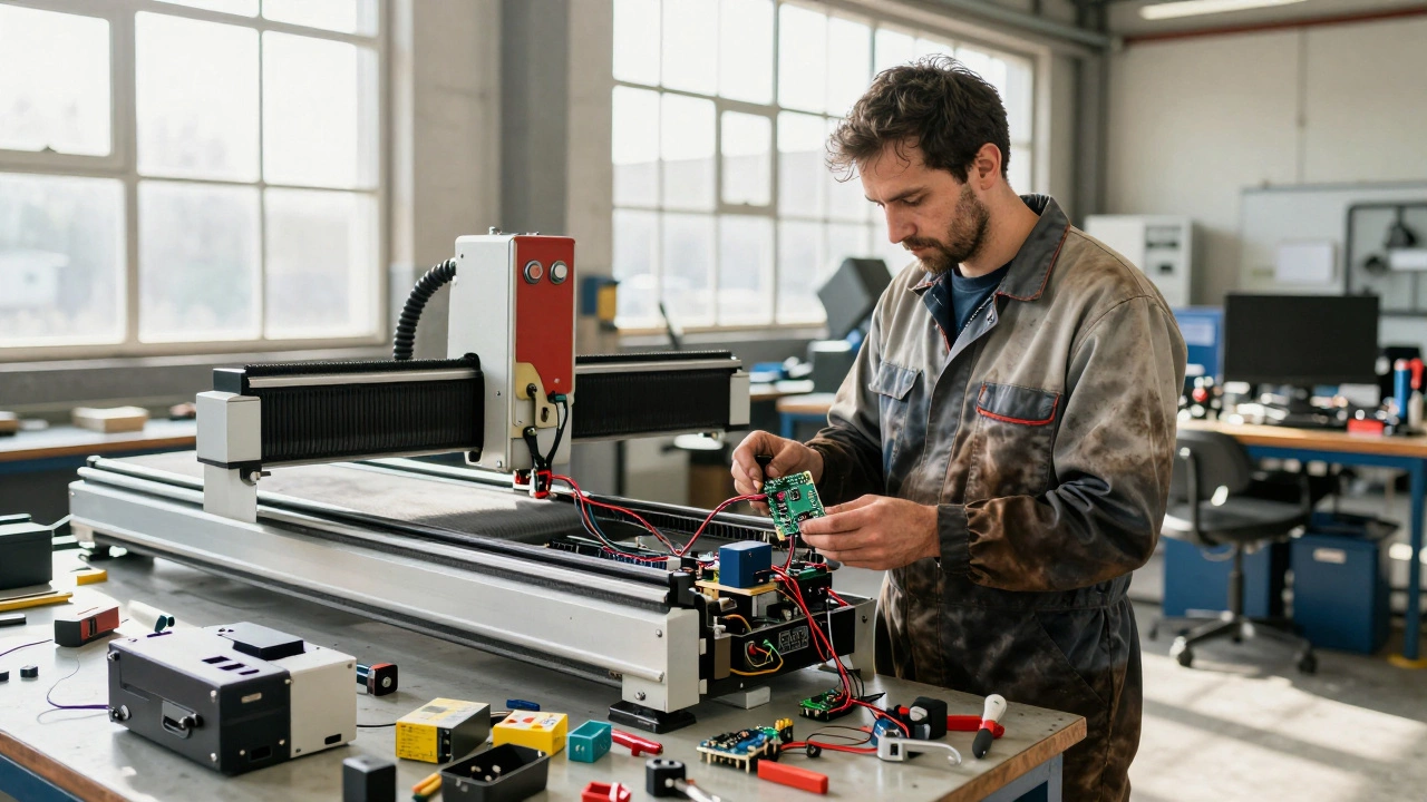 Engineer modifying CNC machinery with open-source electronics and spare parts.