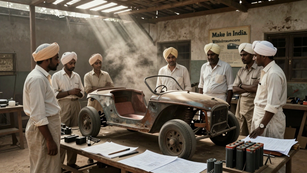 Engineers in a rural workshop building an electric car in 1980s India, surrounded by tools and blueprints.