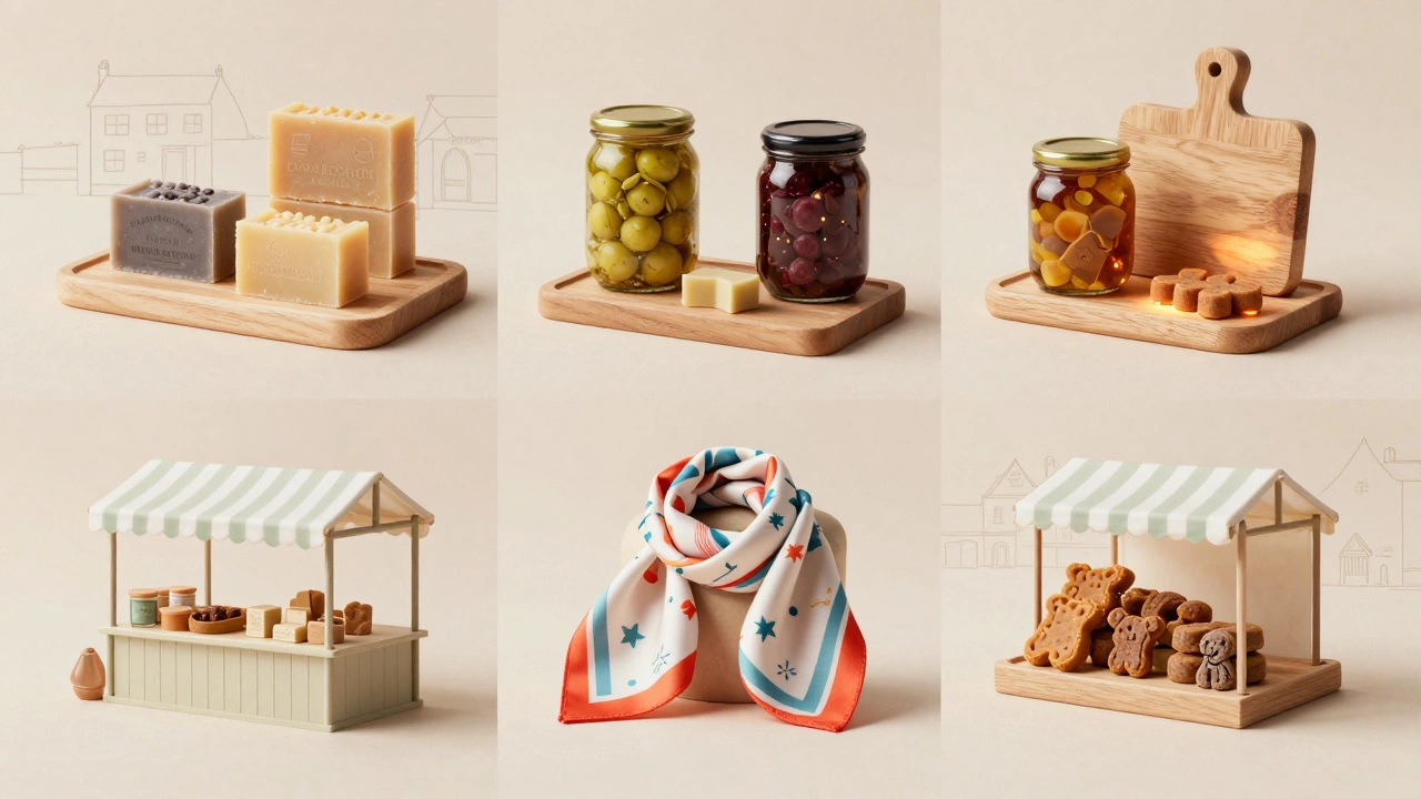 Five handmade products—soap, wood boards, pickles, scarves, and dog treats—displayed together on a rustic stall.