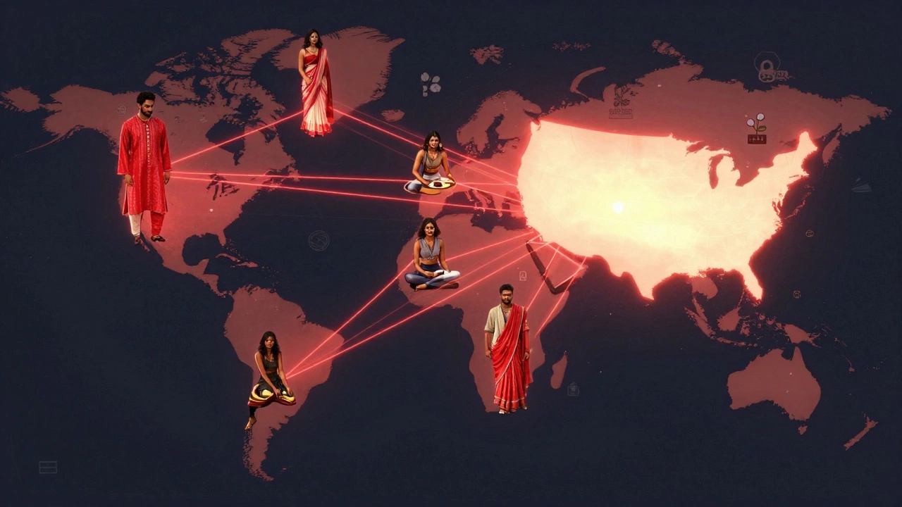 Global map with glowing threads connecting India to the U.S., showing cultural fusion in fashion.