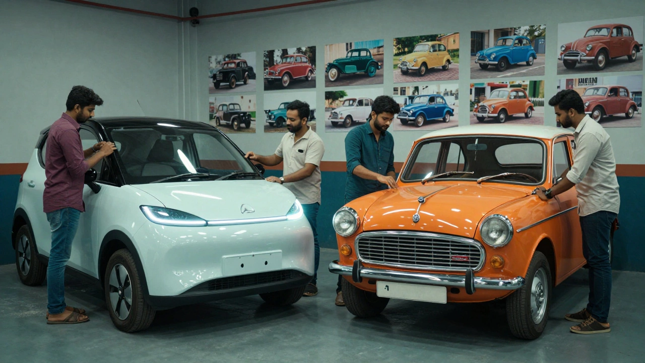 Modern EV prototype next to a restored classic Ambassador in a Bengaluru garage, with photos of forgotten brands on the wall.