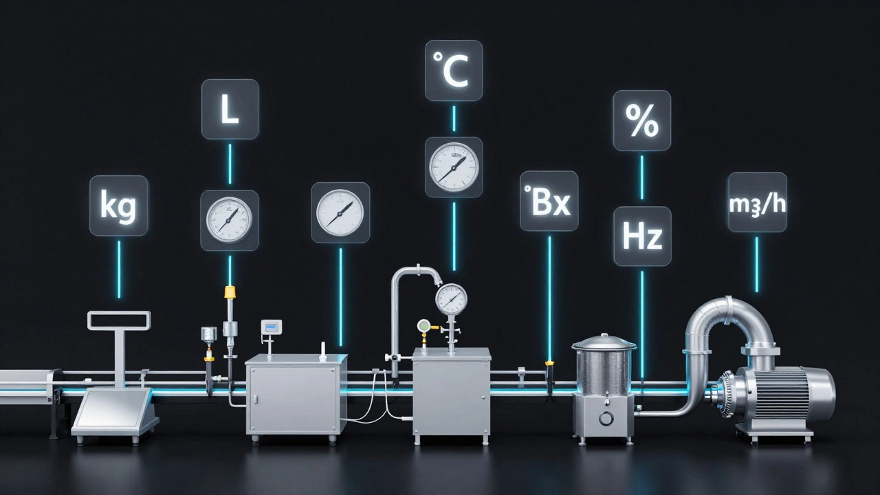 Overhead view of food production line with floating icons representing measurement units connected to machinery.