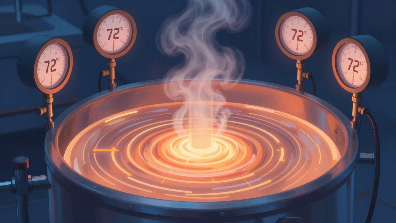 Pasteurization tank with real-time temperature sensors displaying 72°C, steam rising around it.