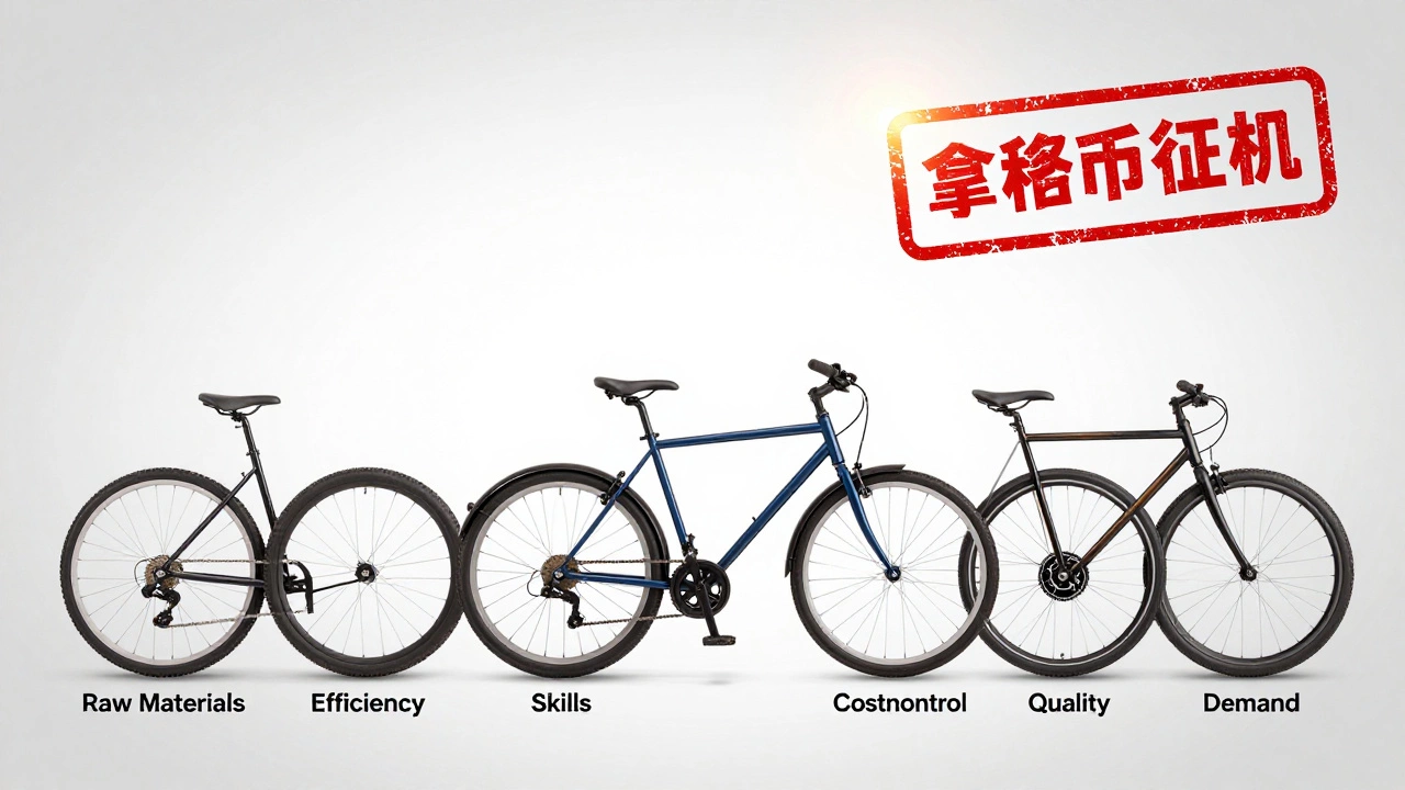 Seven-wheeled bicycle symbolizing balanced manufacturing factors under a grant stamp.