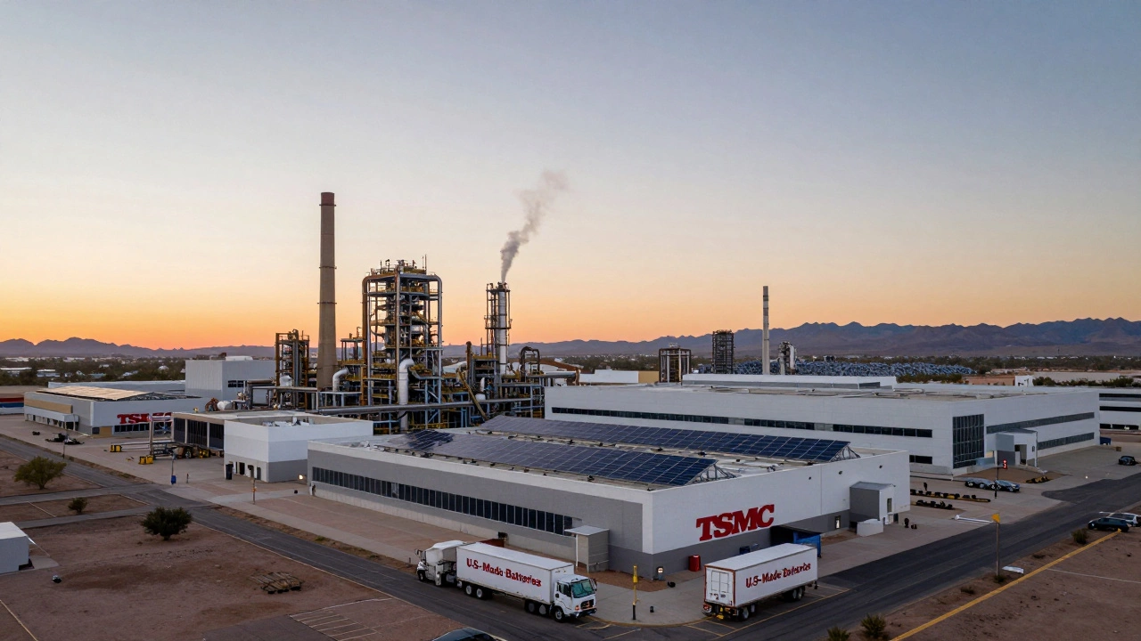 Solar-powered chip factory under a golden sunset with electric vehicle supply trucks.
