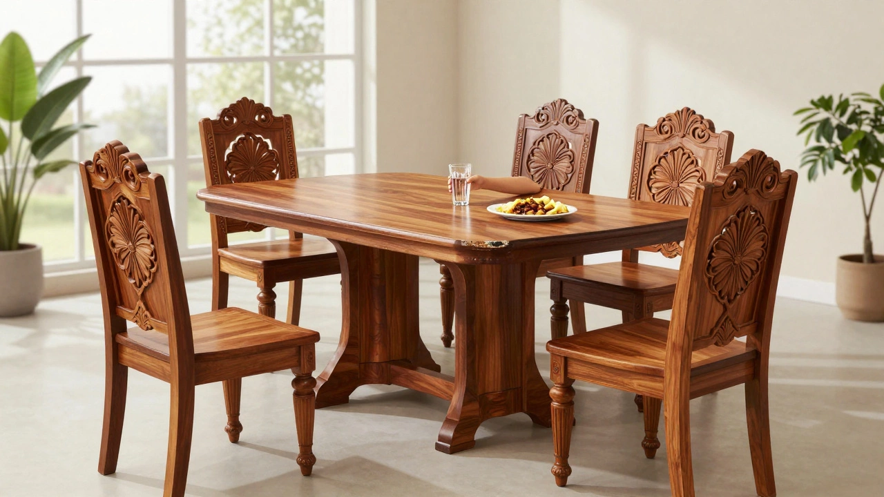 Solid sheesham dining set in modern home with natural wear and family use