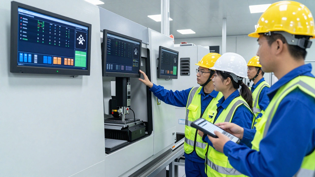 Team monitoring assembly line with digital OEE dashboards and barcode scanners.