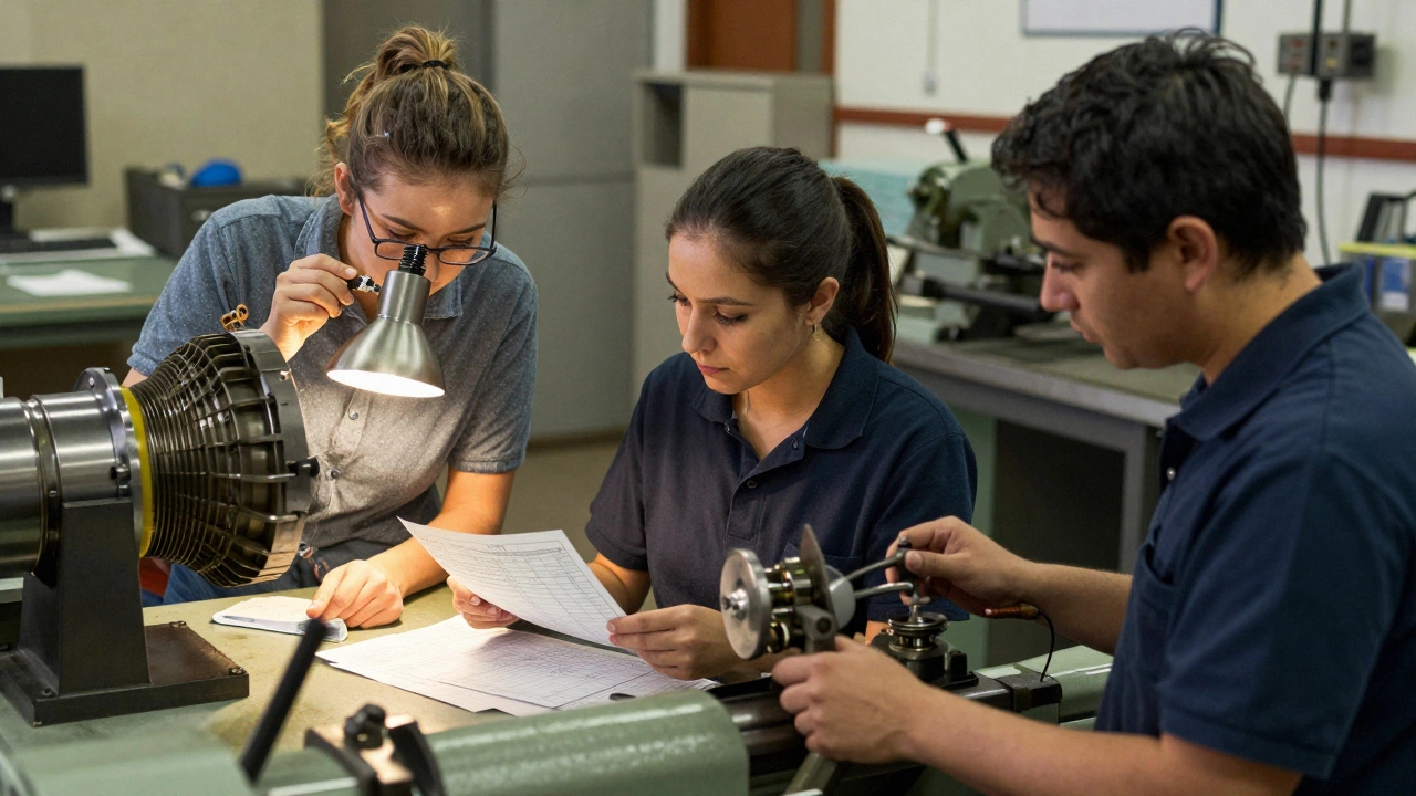 Three essential factory staff: quality inspector, procurement specialist, and apprentice trainer at work.