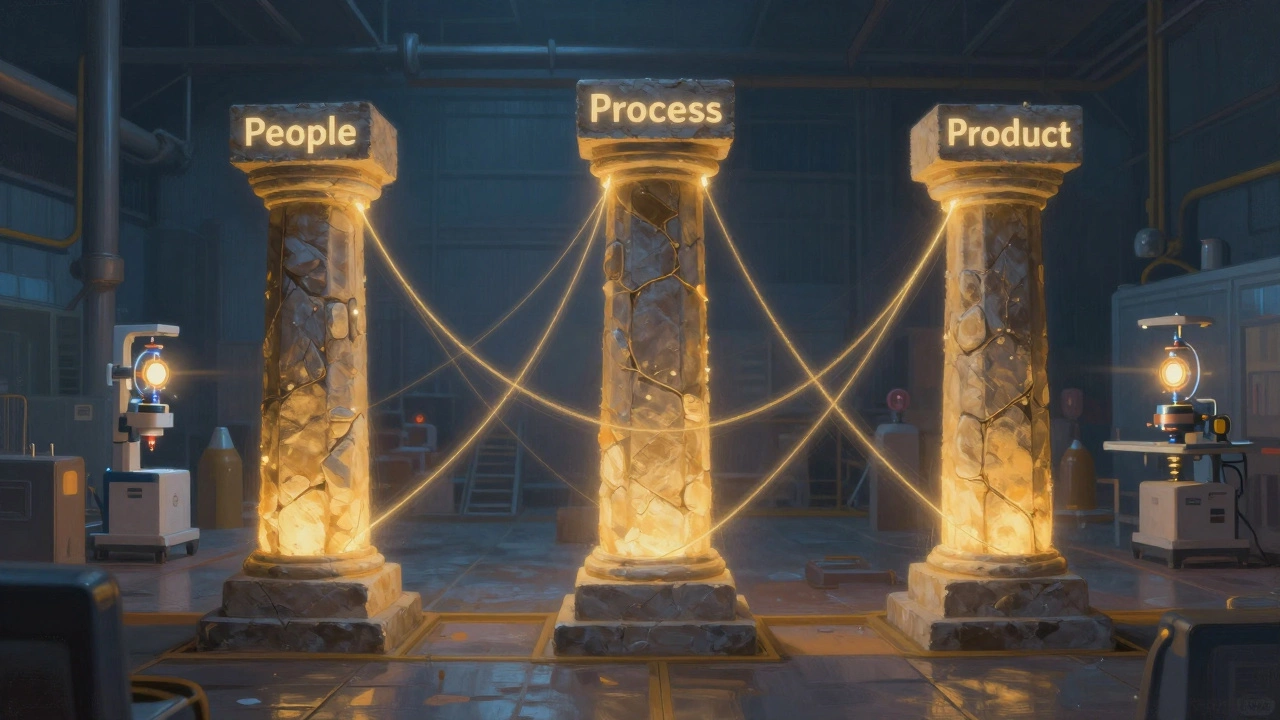 Three glowing pillars labeled People, Process, and Product connected by light threads above a factory floor.