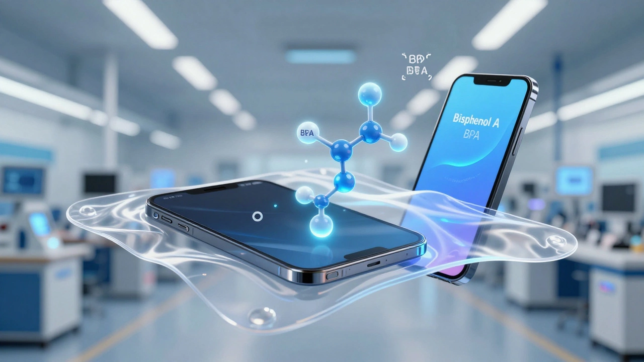 Transparent plastic transforming into electronics and medical devices with polycarbonate and BPA molecular structures floating nearby.