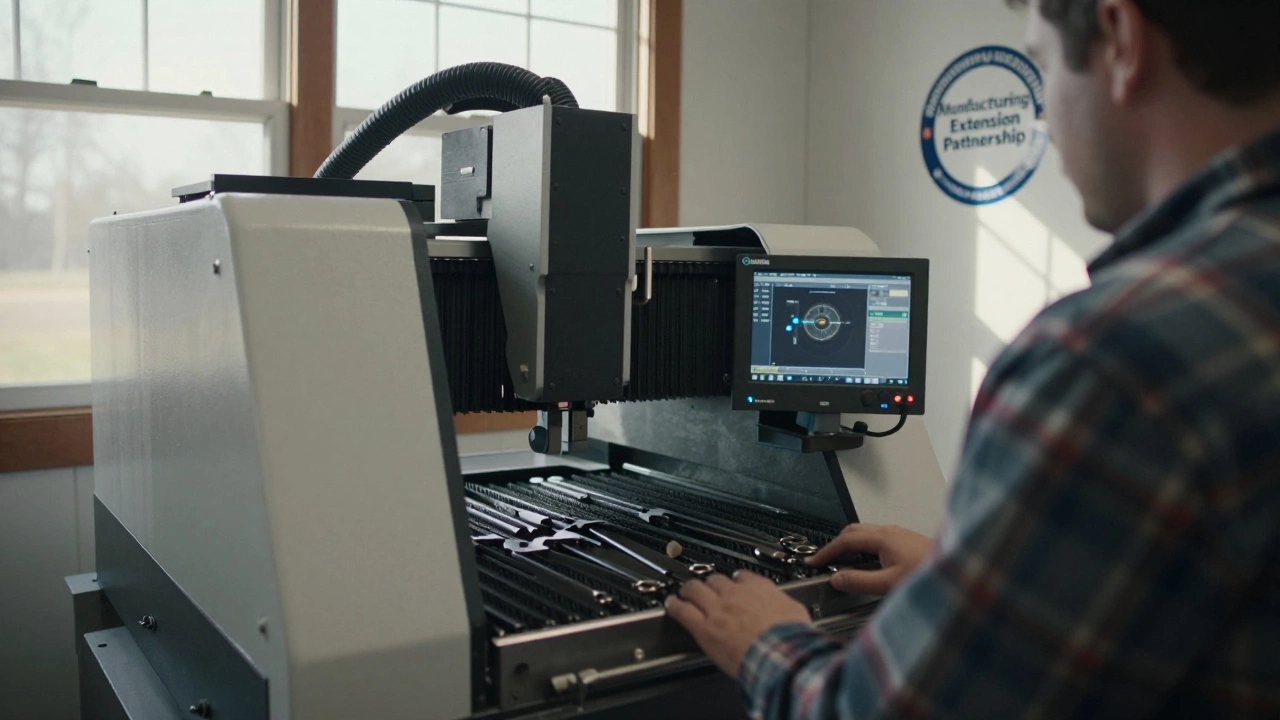 Worker operating an automated CNC machine in a small U.S. machine shop.