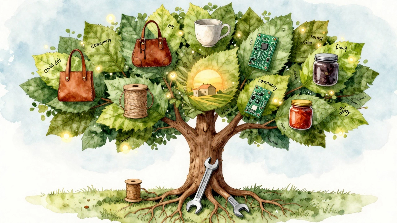 A symbolic tree with handmade products as leaves, representing local craftsmanship and sustainability.