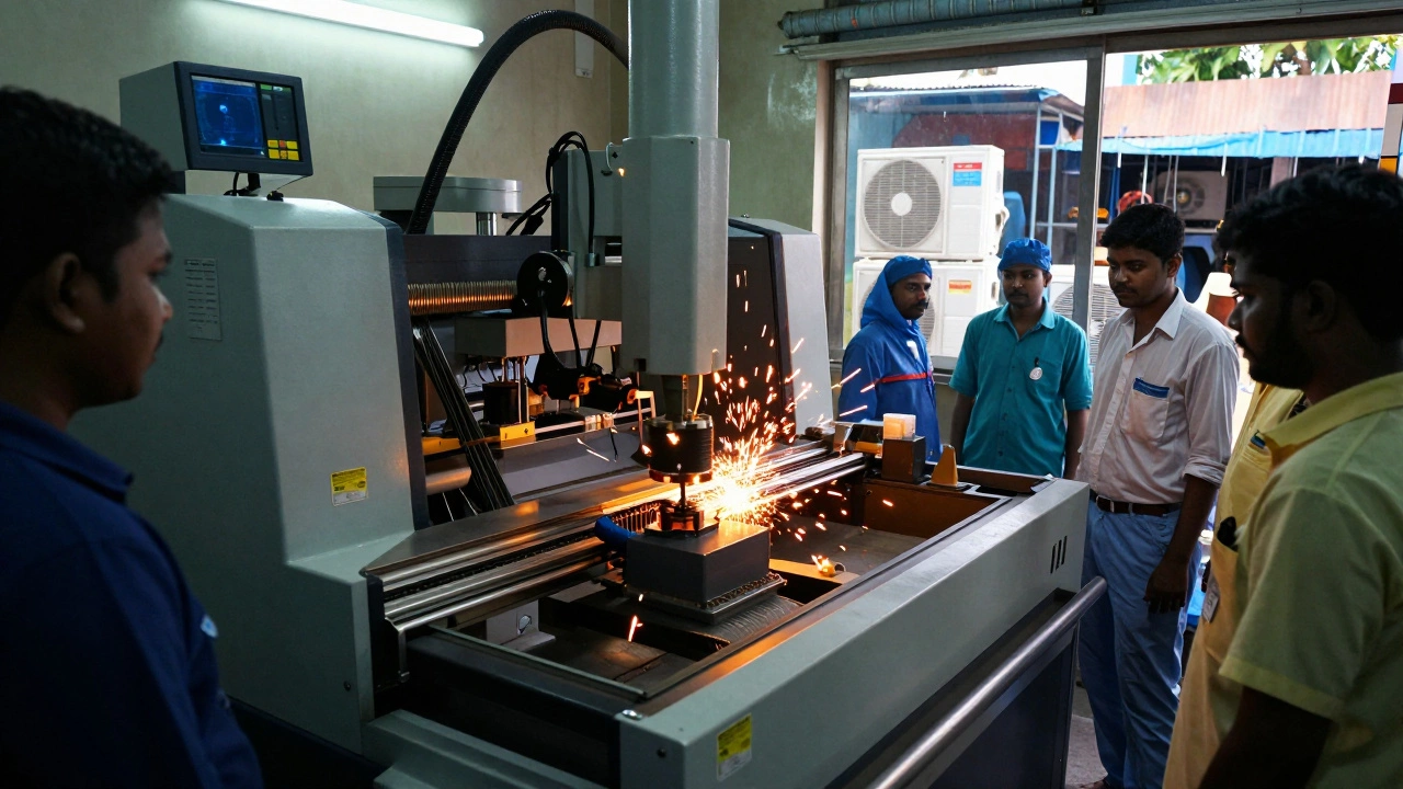 An SMT machine halting due to power flickers in an Indian electronics plant, workers watching helplessly.