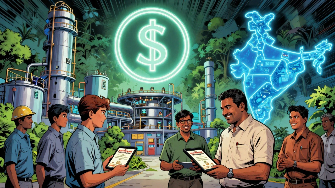 Comic-style manufacturing hub in India with cash grant icon and officials handing certificates