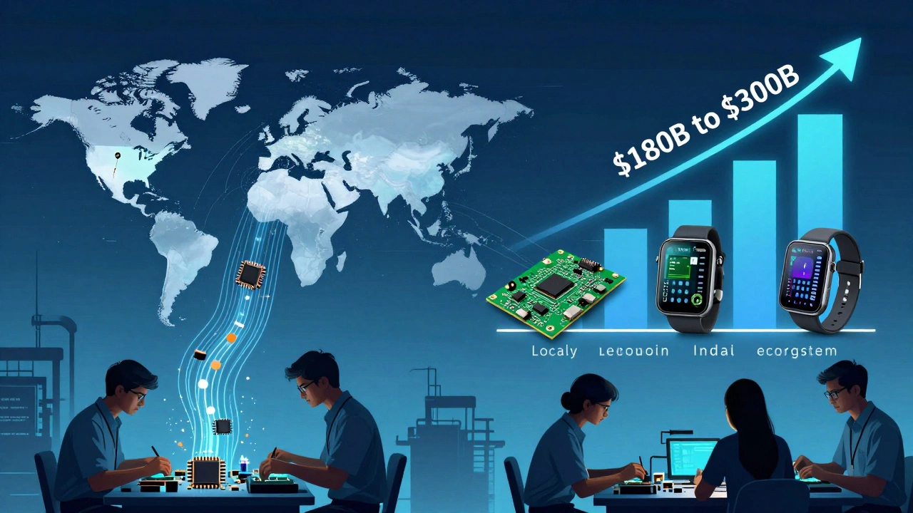 Conceptual image showing India's shift from importing electronics components to producing them locally with growing output.