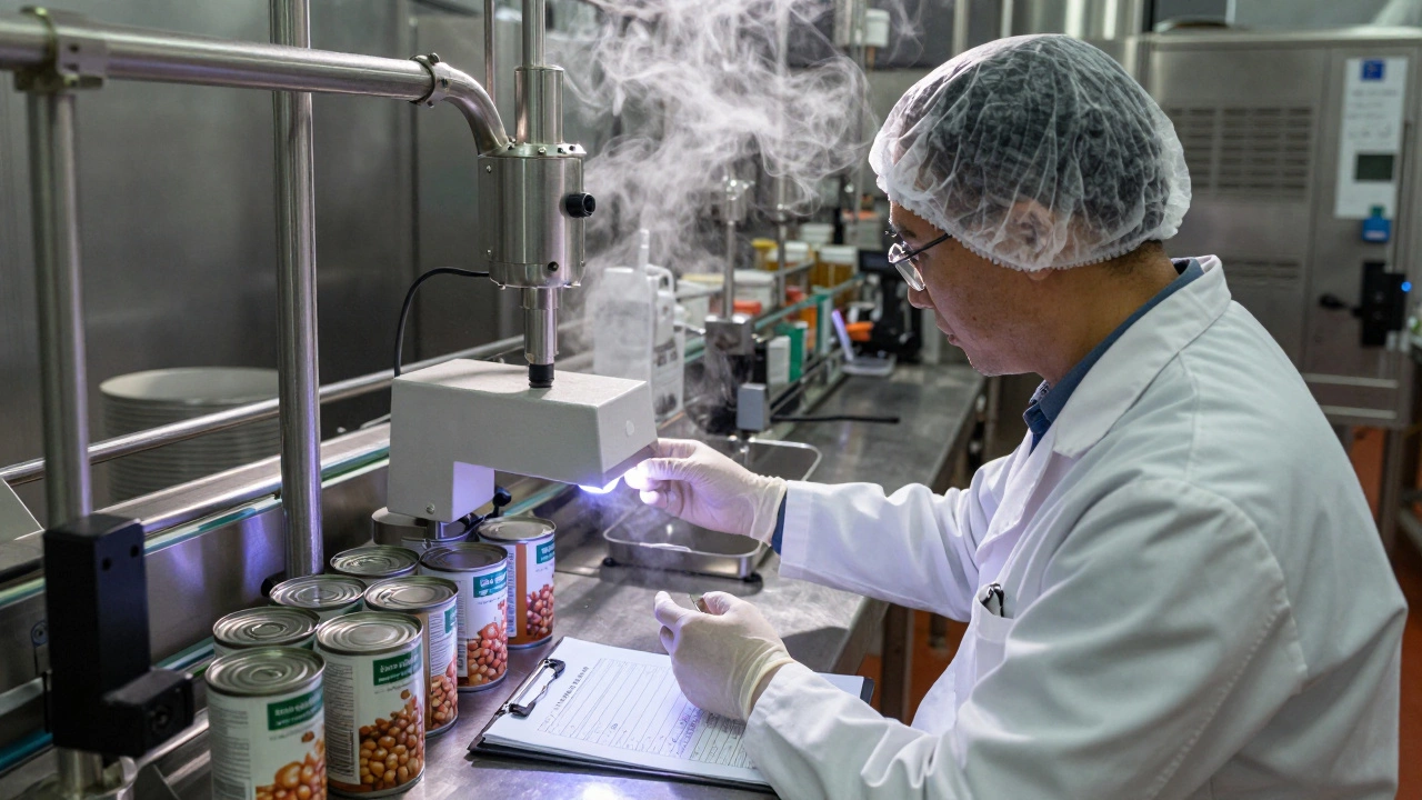 Food scientist calibrating pasteurization equipment in a factory setting.