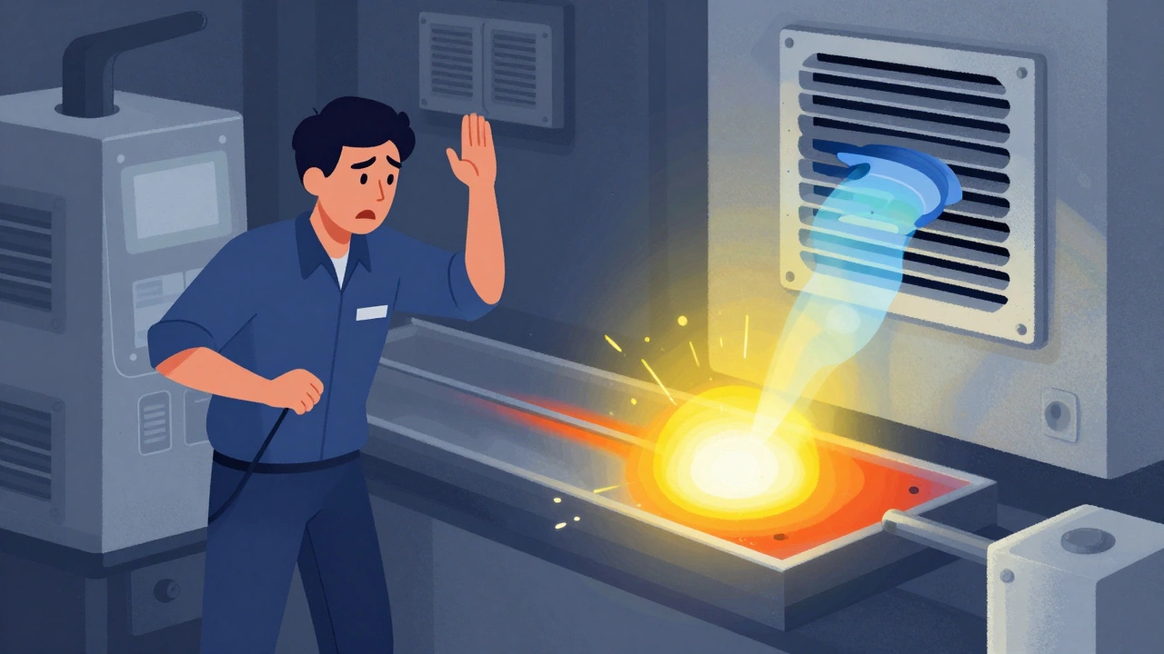 Split illustration showing operator blaming machine versus cold draft causing weld defects.