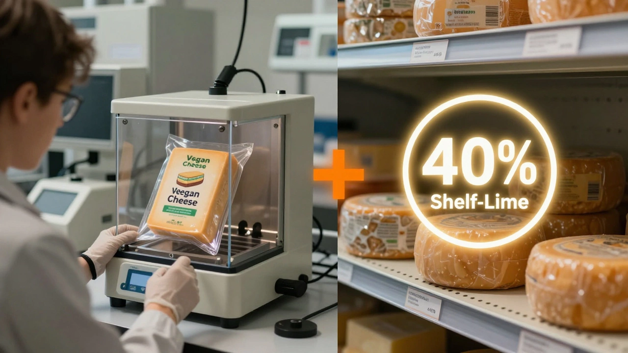 Split illustration showing vegan cheese testing and extended shelf life.