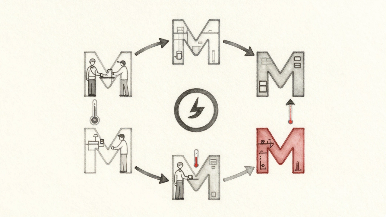 Watercolor diagram of six interconnected M symbols forming a circle around a defect icon.
