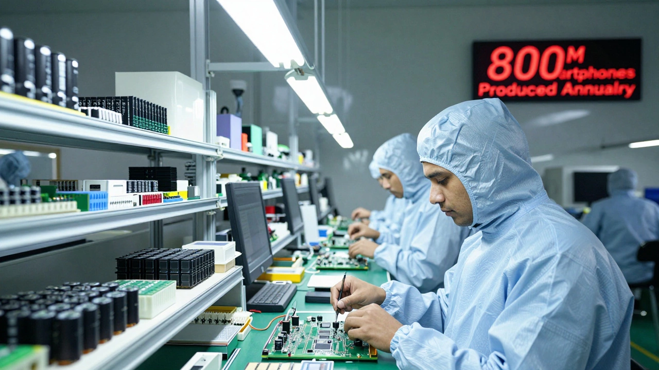 Workers inspecting circuit boards in a cleanroom factory with digital display showing smartphone production numbers.