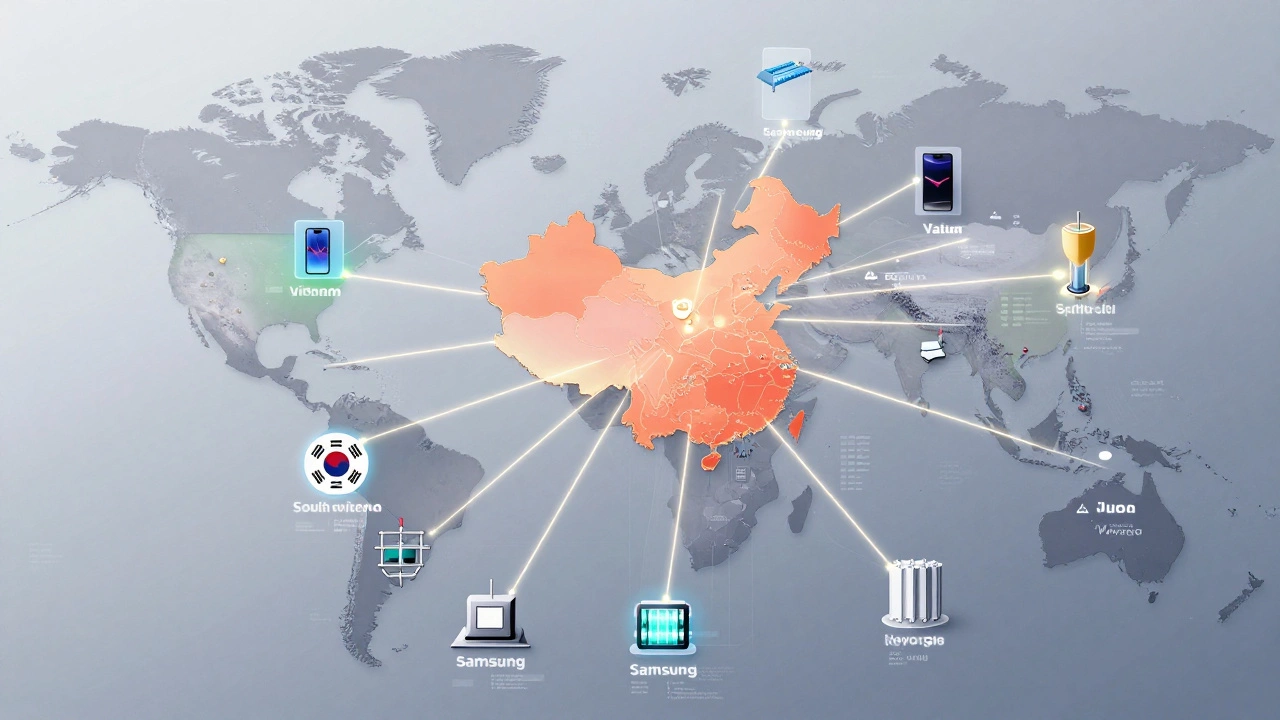 A glowing global supply chain map with China at the center, connected to key manufacturing regions like South Korea, Japan, and the U.S.