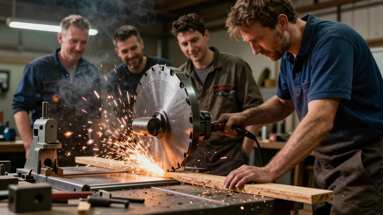 A metalworker testing a custom blade holder in a workshop as others watch approvingly.