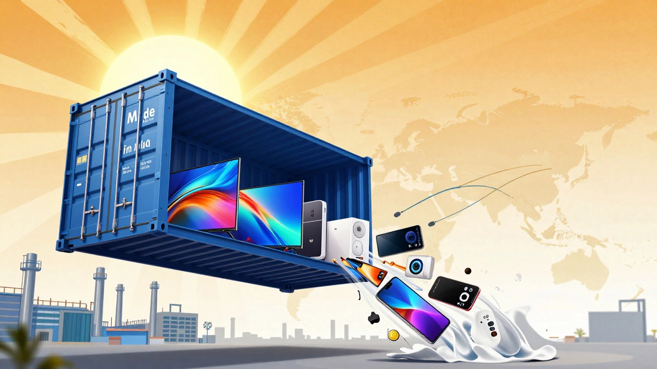 A shipping container bursting with Indian-made electronics, symbolizing global export growth.