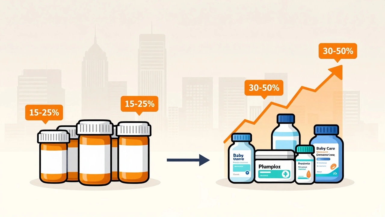 A visual breakdown showing higher profit margins from over-the-counter health products compared to prescription medicines in India.
