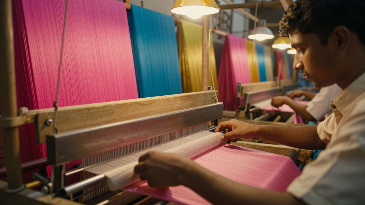 A young worker in Surat rapidly threading a synthetic yarn loom, surrounded by colorful fabric bolts.