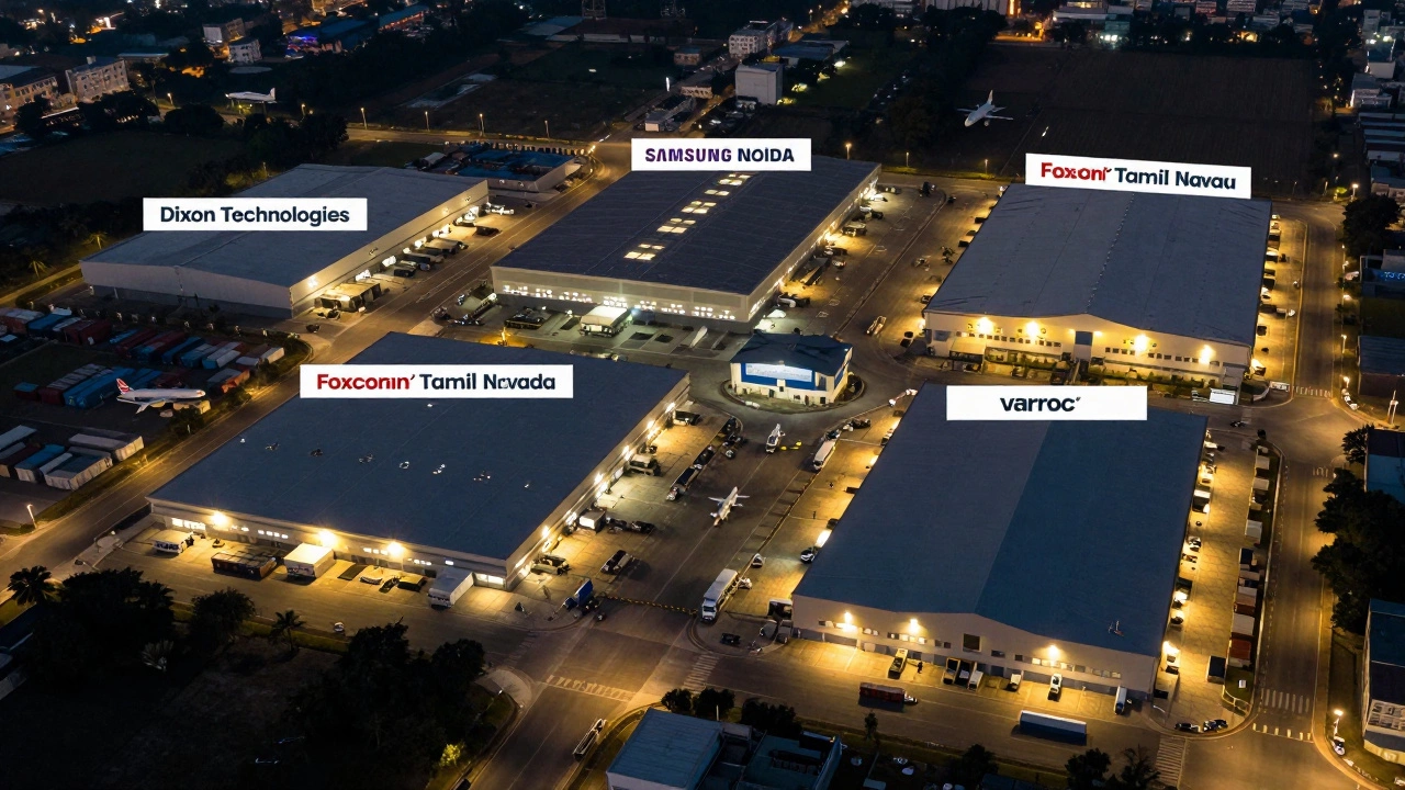 Aerial view of India’s top electronics manufacturing hubs at night, glowing with activity and shipping traffic.