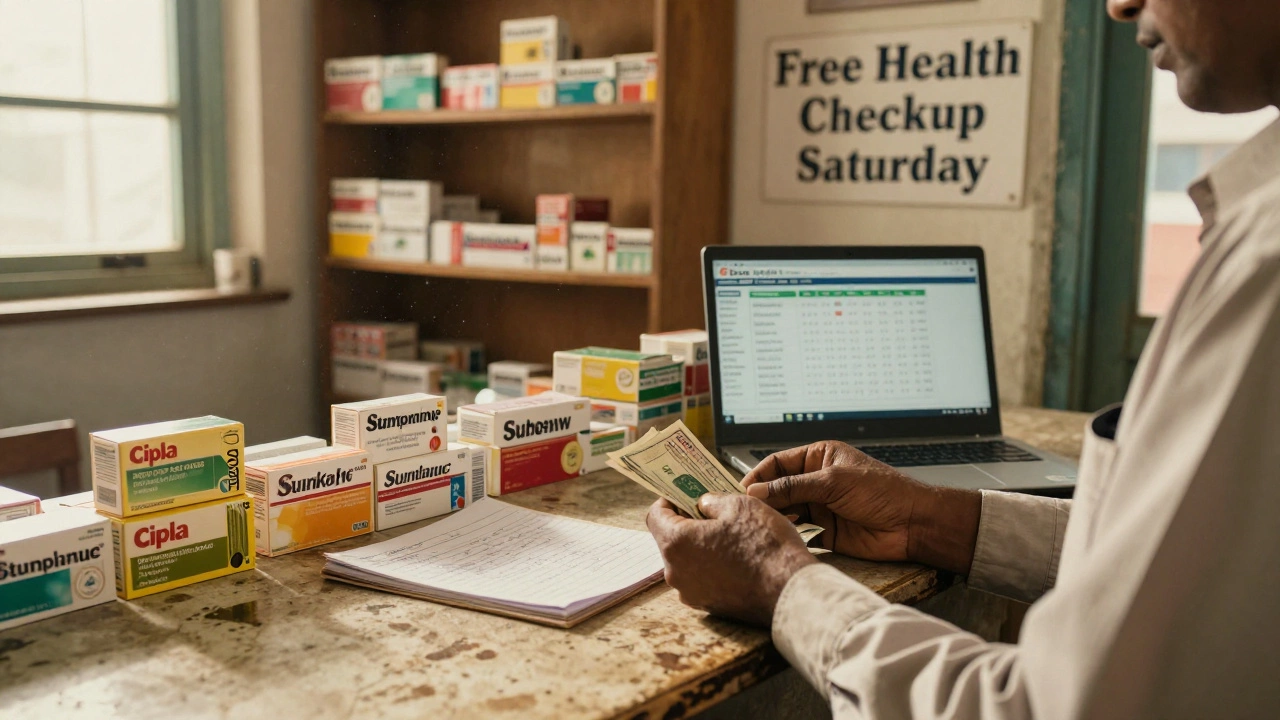 An Indian pharmacy owner counts cash beside generic medicine boxes and a health checkup sign in a small-town shop.